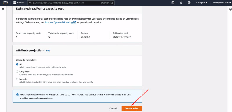 Facebook and Amazon DynamoDB integration | Click "Create index"