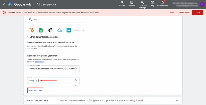 Google Lead Form and Trello integration | Paste the part of the URL into the Key field