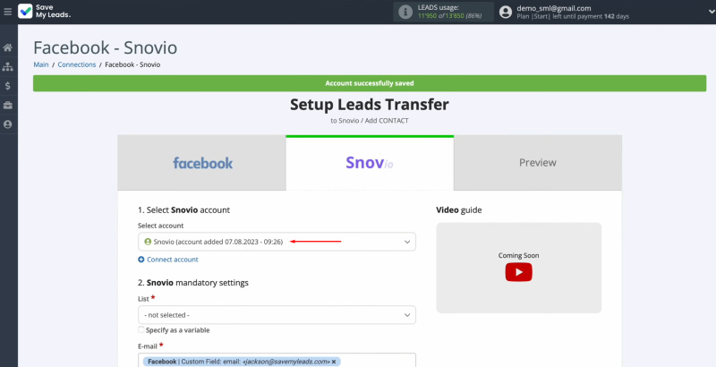 Snov.io and Facebook integration | Select the connected account