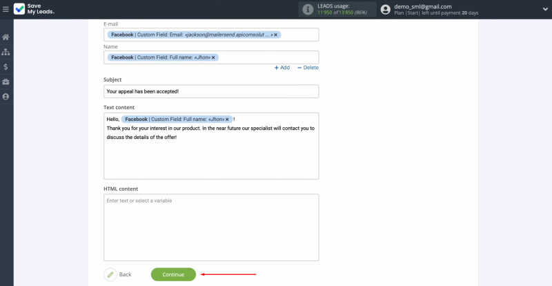 Facebook and MailerSend integration | Click “Continue”
