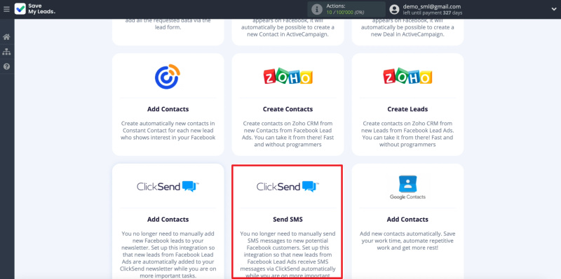 ClickSend and SaveMyLeads integration | Choosing ClickSend