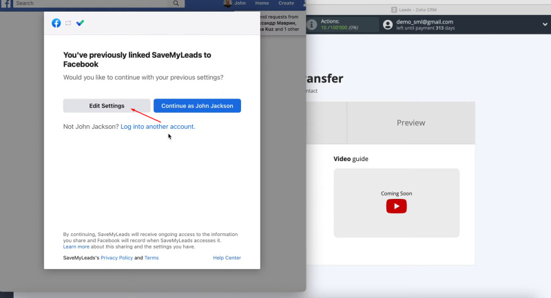 Facebook Lead Ads and Zoho CRM integration | Click “Edit Settings”