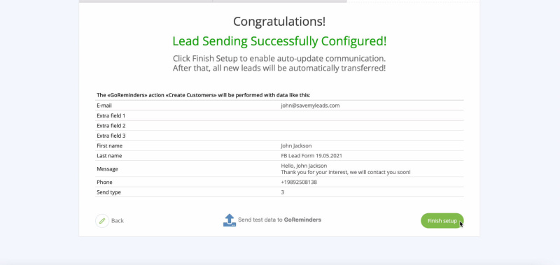 Facebook and GoReminders integration | Settings completed
