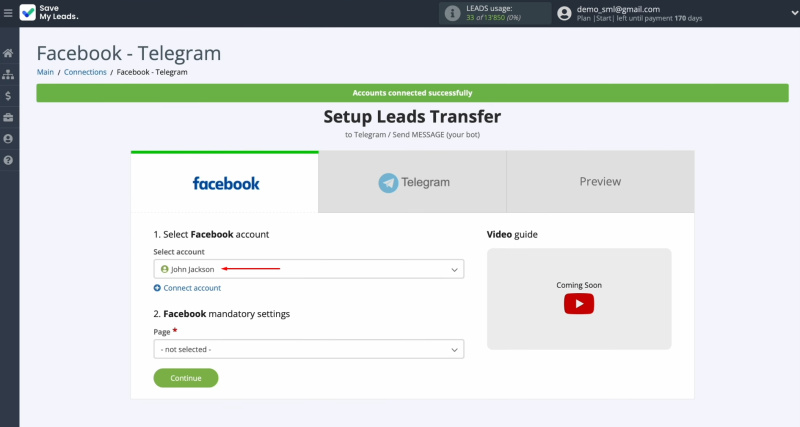 Facebook and Telegram integration | Select the connected account