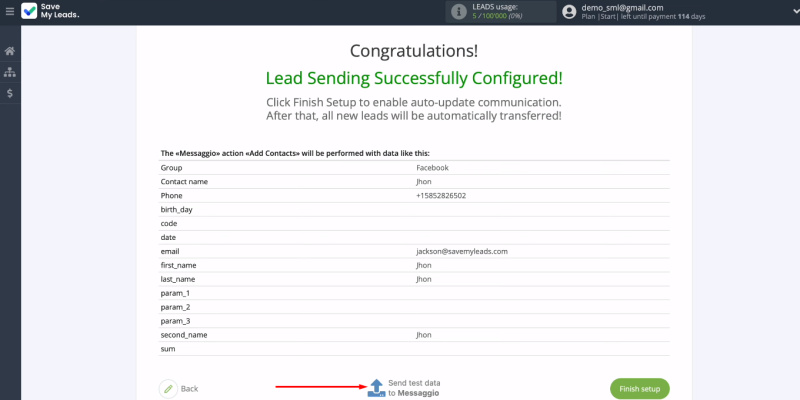 Facebook and Messaggio integration | Send test data to Messaggio