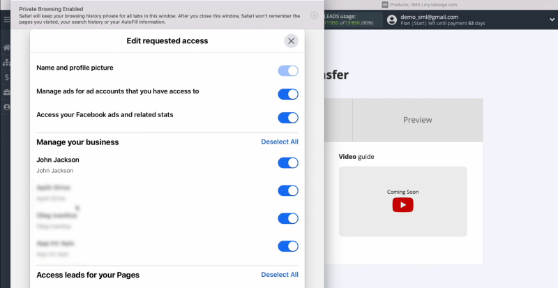 Telesign and Facebook integration | Leave all access checkboxes enabled