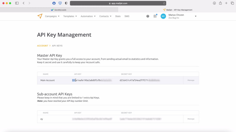 Facebook and Mailjet integration | Copy the API Key and Secret Key