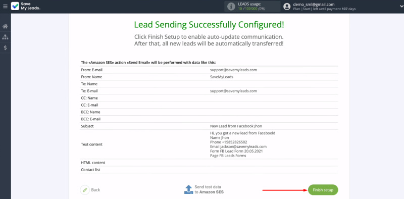 Facebook and Amazon SES integration | Click “Finish setup”