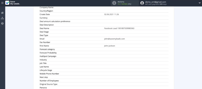 Facebook and HubSpot integration | Test data