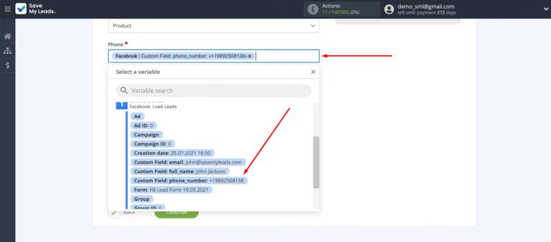 Facebook and Mailigen integration | Define the contents of the Mailigen fields