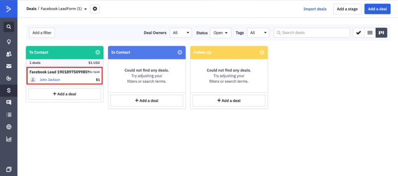 Facebook and ActiveCampaign integration | Test deal in&nbsp;ActiveCampaign