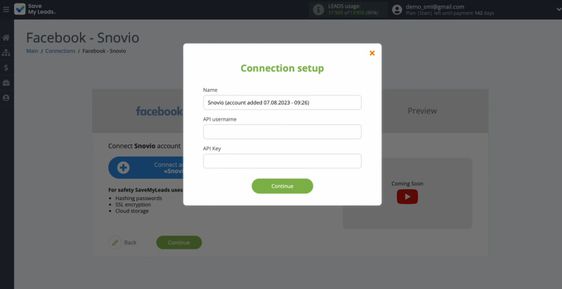 Snov.io and Facebook integration | Specify the API username and API key