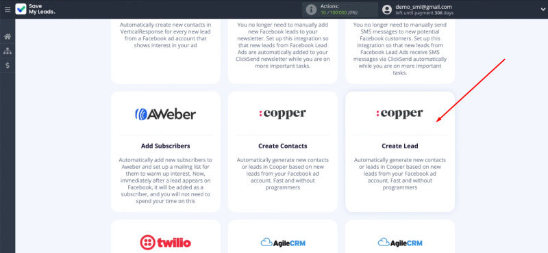 Facebook and Copper integration | Select template&nbsp;“Copper (Create Lead)”