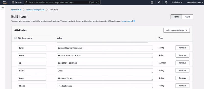Facebook and Amazon DynamoDB integration | The item