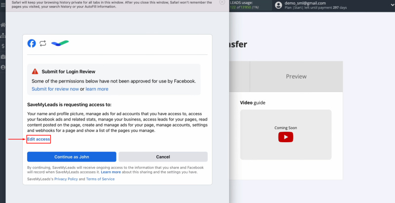 Facebook and Telegram integration | Click “Edit access”