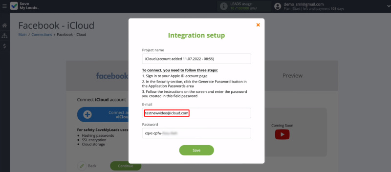 Facebook and iCloud integration | Enter email
