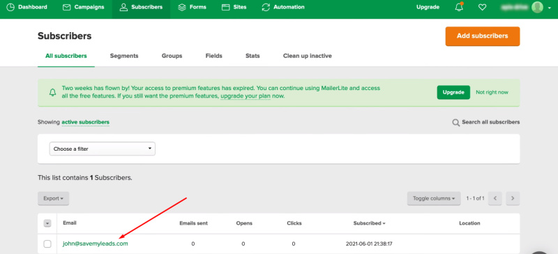 Facebook and MailerLite integration | Check the test item