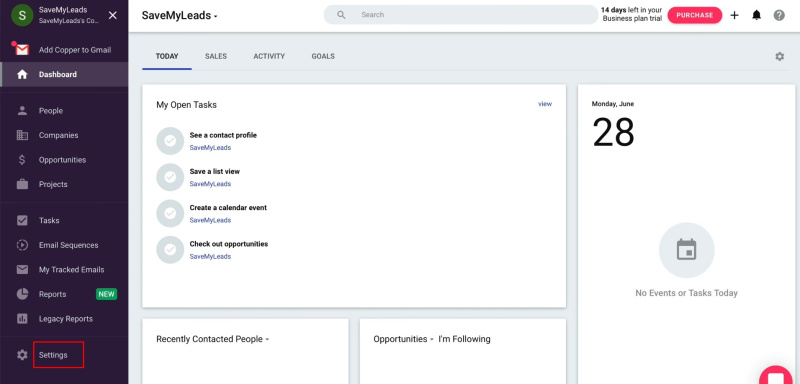 Facebook and Copper integration | Go to the settings in your Copper account