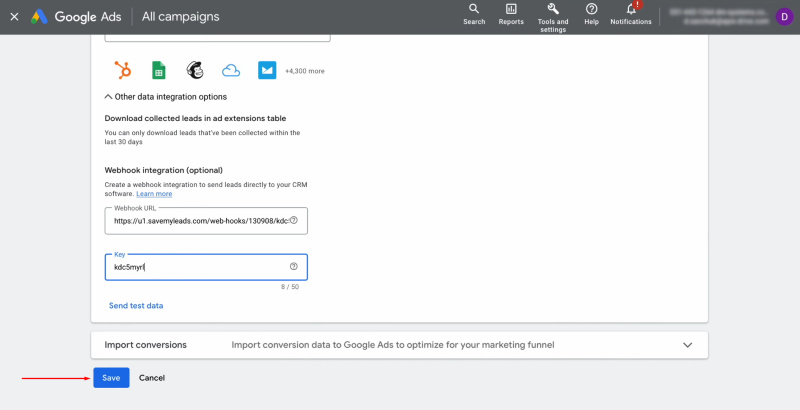 Google Lead Form and Slack integration | Click “Save”