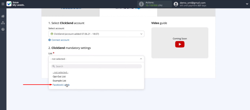 Facebook and ClickSend integration | Select the list