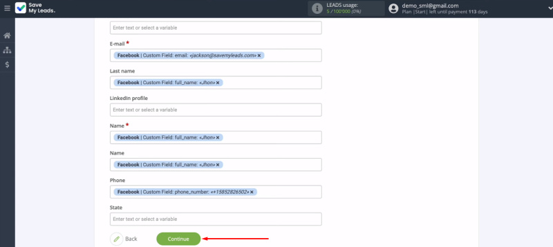 Facebook and Reply integration | Reply fields are configured, click “Continue”