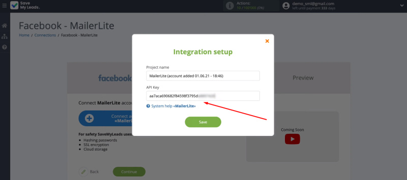 Facebook and MailerLite integration | Paste the API key