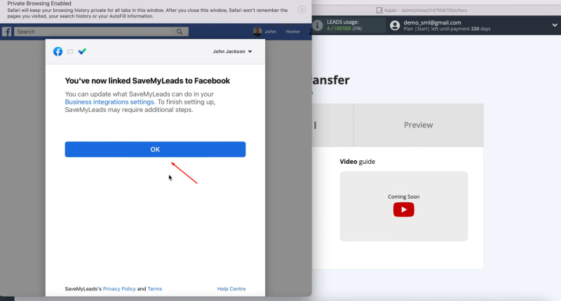 Facebook Leads Ads and Kajabi integration | Simply click "OK”