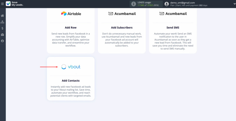Facebook and Vbout integration | Select the system where you want to transfer new leads