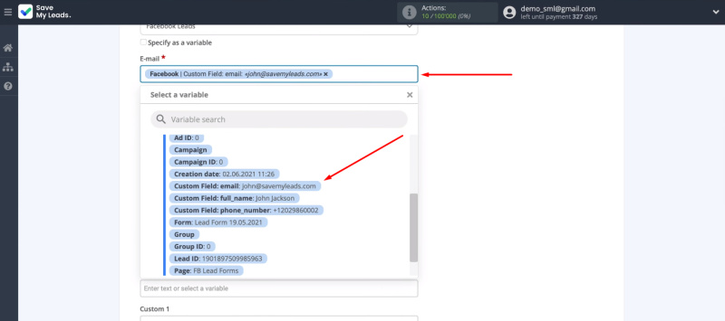 Facebook and ClickSend integration | Select the variable from the drop-down list