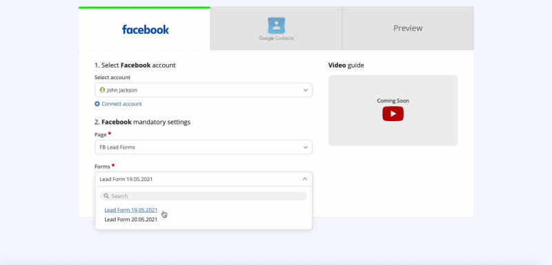 Facebook and Google Contacts integration | Specify the forms