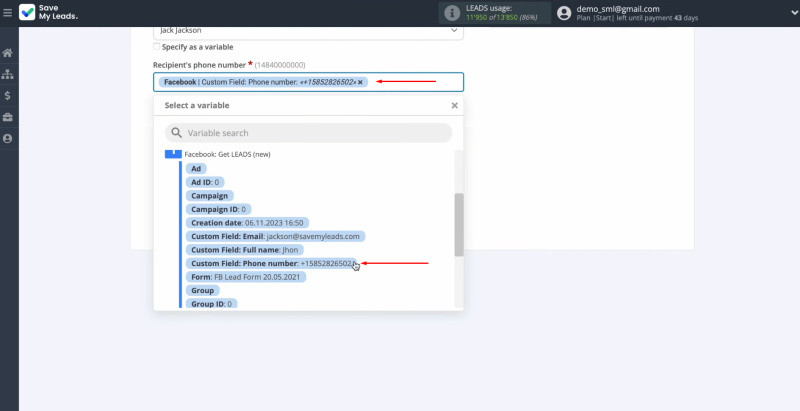 Salesmsg and Facebook integration | Fill in the recipient's phone number field