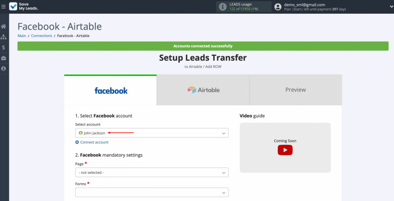 Facebook and Airtable integration | Select the connected account