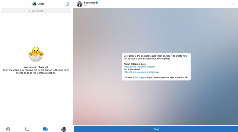 Facebook and Telegram integration | Find BotFather in Telegram, launch it, and click “Start”