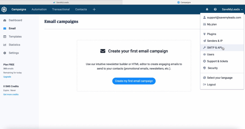 Facebook and Sendinblue integration | Go to the SMTP &amp; API