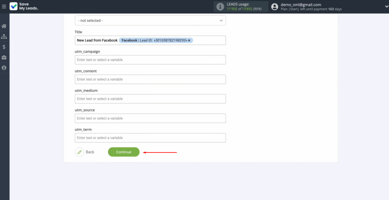 Facebook and KeyCRM integration | Once all the required fields are filled, click “Continue”