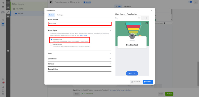 How to Set Up Facebook Lead Form Ads | Enter the name of the form and indicate its type