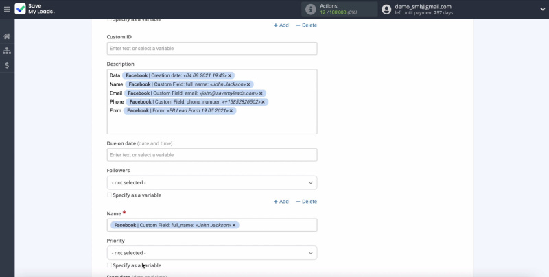 Facebook and ClickUp integration | Set the variable