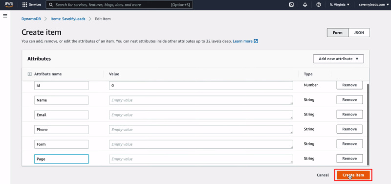 Facebook and Amazon DynamoDB integration | Click "Create item"