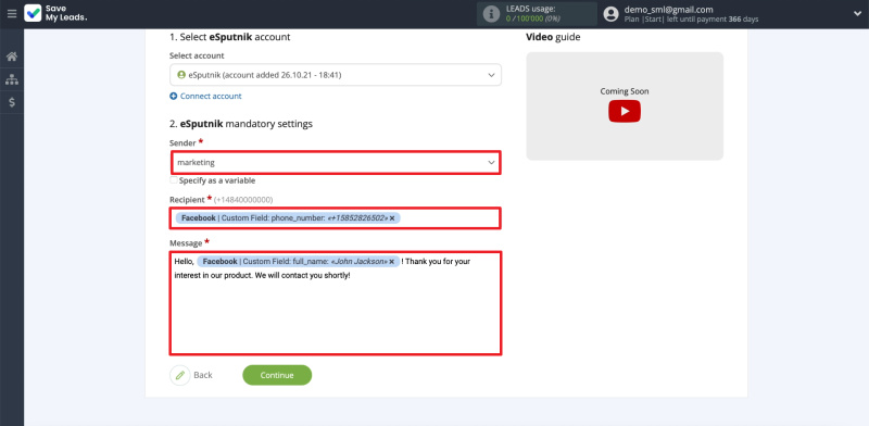Facebook and eSputnik integration |&nbsp;Configuring message