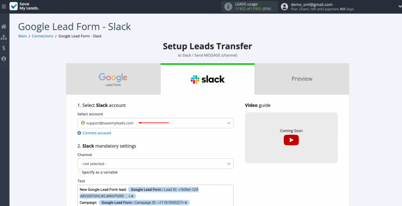 Google Lead Form and Slack integration | Select the connected account