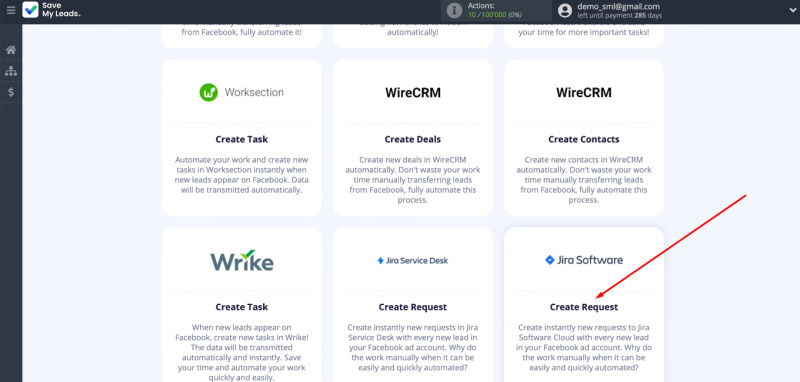 Facebook and Jira Software Cloud integration | Select template&nbsp;“Jira Software (Create Request)”