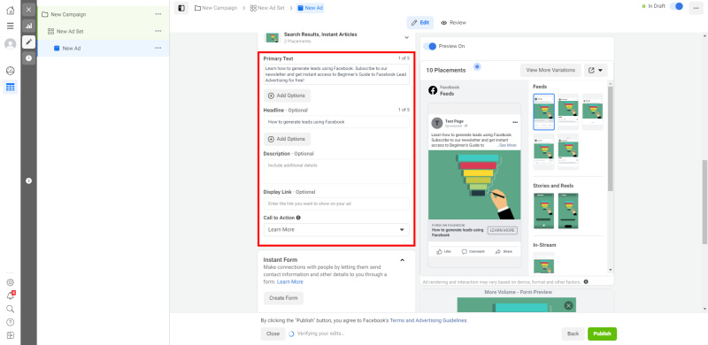 How to Set Up Facebook Lead Form Ads | Enter the ad text