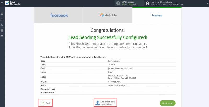 Airtable and Facebook integration | Click “Back” or “Send test data to Airtable”