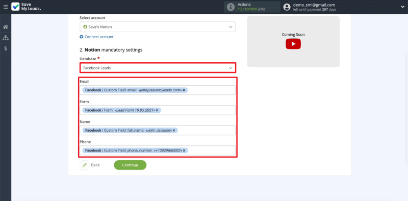 How to set up the upload of new leads from your Facebook ad account to Notion |&nbsp;Configuring data transfer