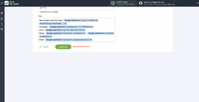 Google Lead Form and Slack integration | When you are finished, click “Continue”