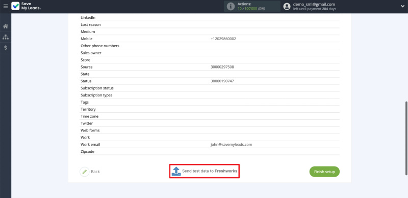 Facebook and Freshworks integration | Sending test data