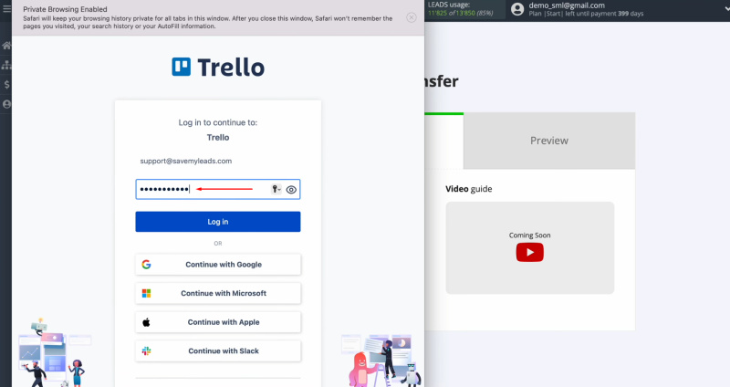 Google Lead Form and Trello integration | Specify the password of your Trello personal account