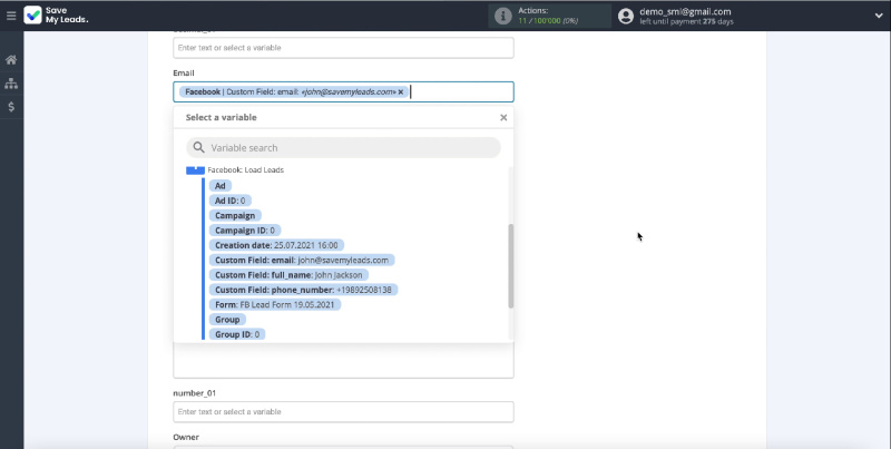 How to Create Intercom Leads from New Facebook Leads | Fill in the fields with variables