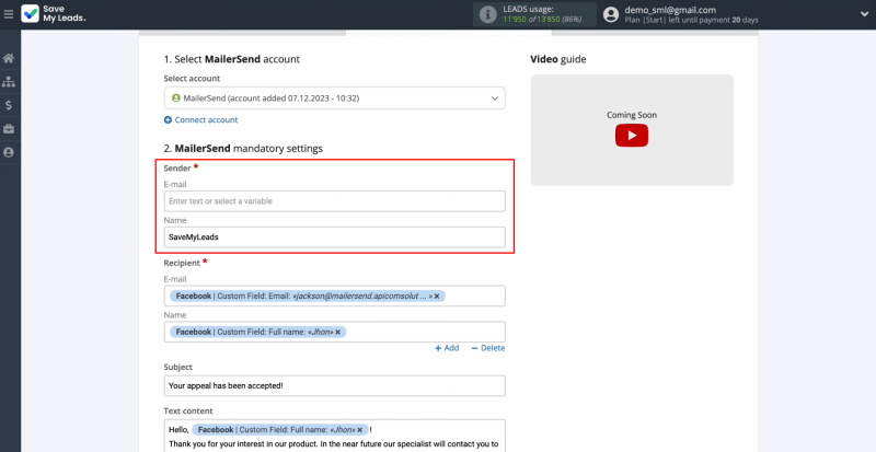 Facebook and MailerSend integration | Fill in the Sender field