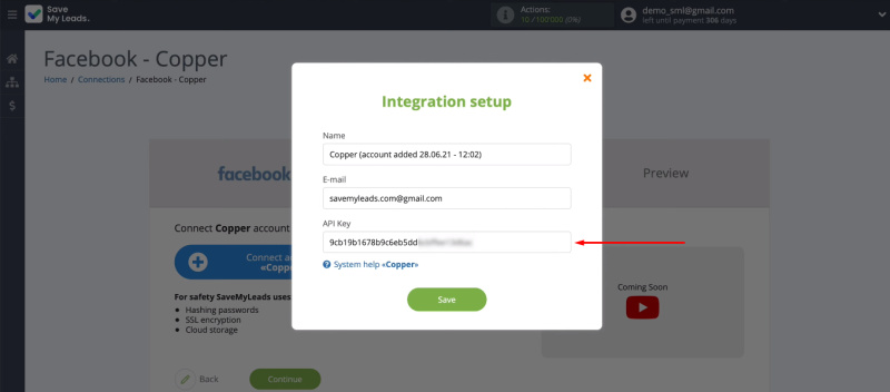 Facebook and Copper integration | Paste the API Key
